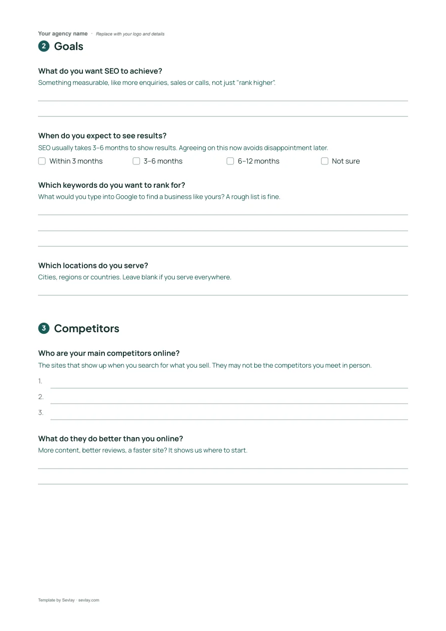 Free SEO Client Questionnaire Template, page 2 of 4